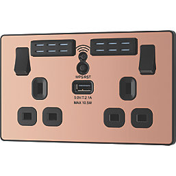 British General Evolve 13A 2-Gang SP Switched Double Socket With WiFi Extender + 2.1A 10.5W 1-Outlet Type A USB Charger Copper with Black Inserts