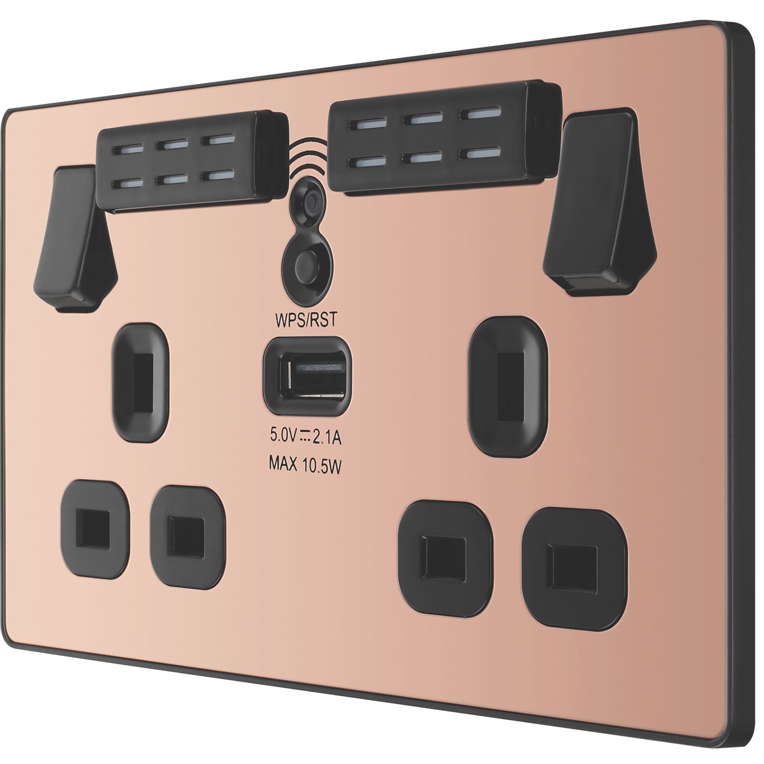 British General Evolve 13A 2-Gang SP Switched Double Socket With WiFi Extender + 2.1A 10.5W 1-Outlet Type A USB Charger Copper with Black Inserts...