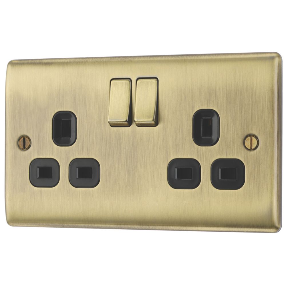 British General Nexus Metal 13A 2-Gang DP Switched Plug Socket Antique Brass  with Black Inserts