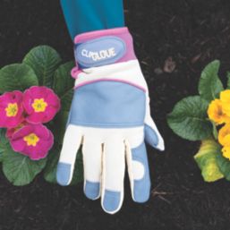 ClipGlove Leather Palm  Womens Goatskin Leather Gardening Gloves Blue / Cream Medium
