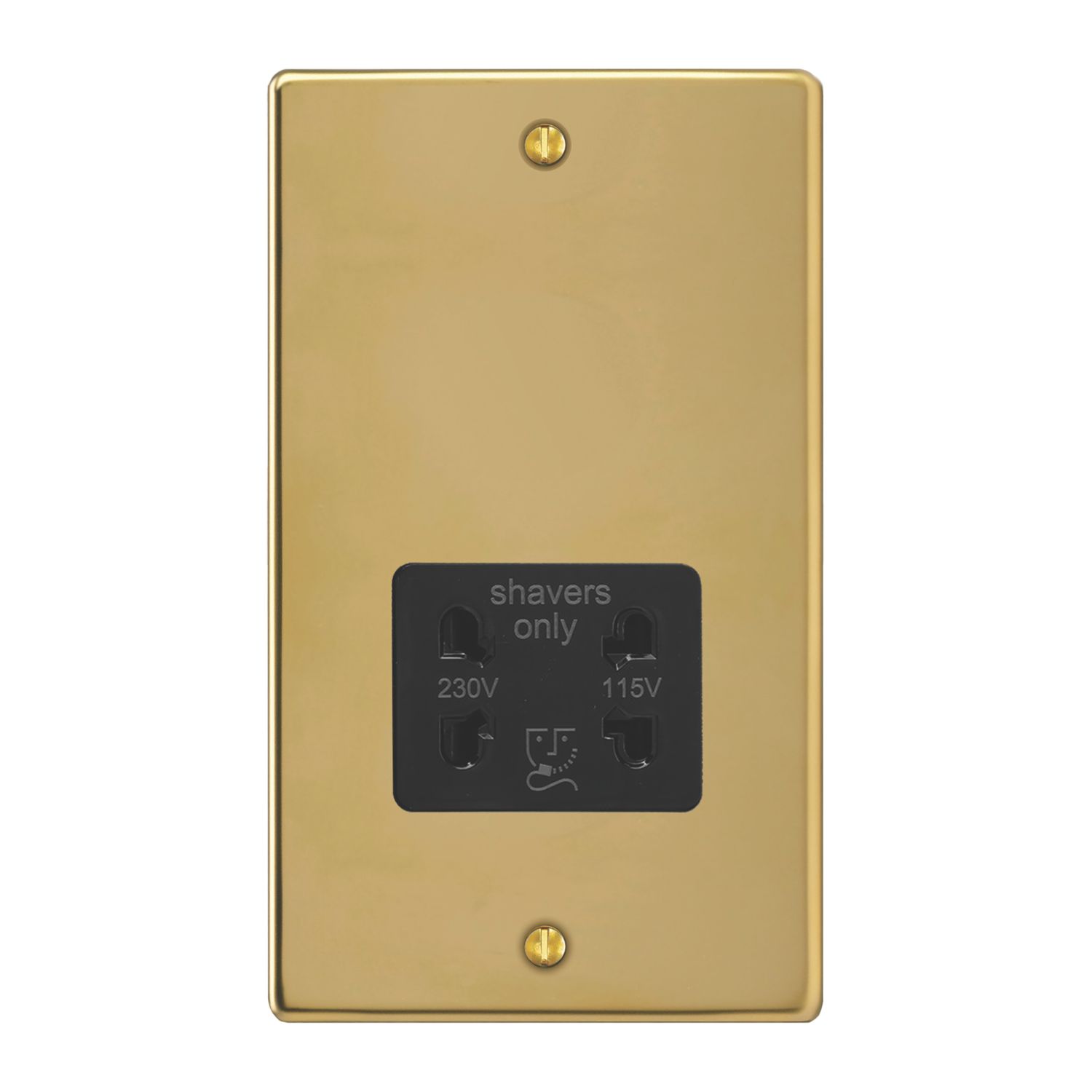 Varilight 2-Gang Dual Voltage Shaver Socket 115 / 230V Polished Brass with Black Inserts (466YT)