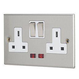 Contactum Iconic 13A 2-Gang DP Switched Socket Outlet Brushed Steel with Neon with White Inserts