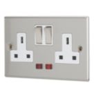 Contactum Iconic 13A 2-Gang DP Switched Socket Outlet Brushed Steel with Neon with White Inserts