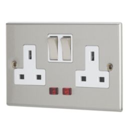 Contactum Iconic 13A 2-Gang DP Switched Socket Outlet Brushed Steel with Neon with White Inserts