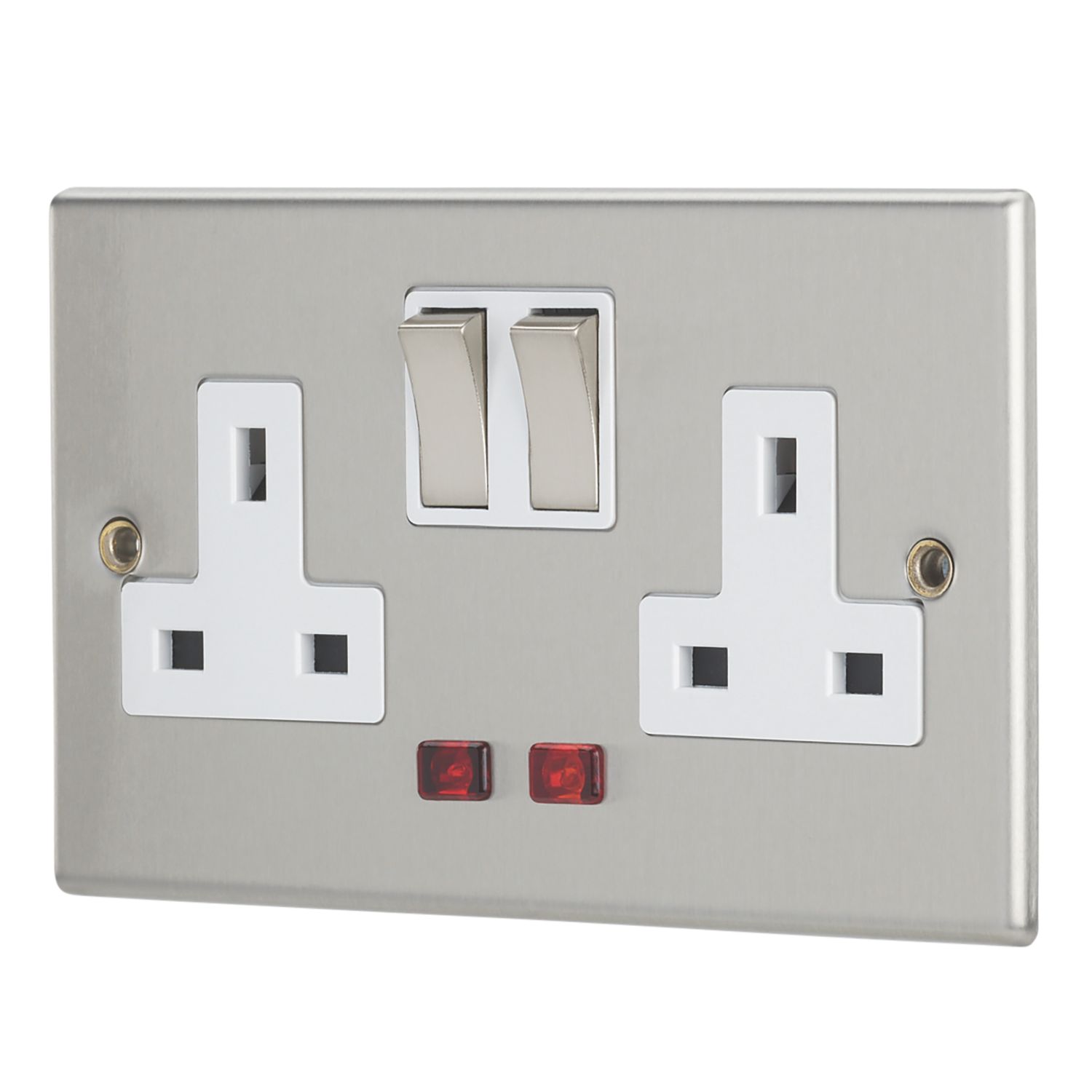 Contactum Iconic 13A 2-Gang DP Switched Socket Outlet Brushed Steel with Neon with White Inserts (467RP)