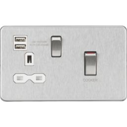 Knightsbridge  45A 1-Gang DP Cooker Switch & 13A DP Switched Socket + 2.4A 12W 2-Outlet Type A USB Charger Brushed Chrome  with White Inserts