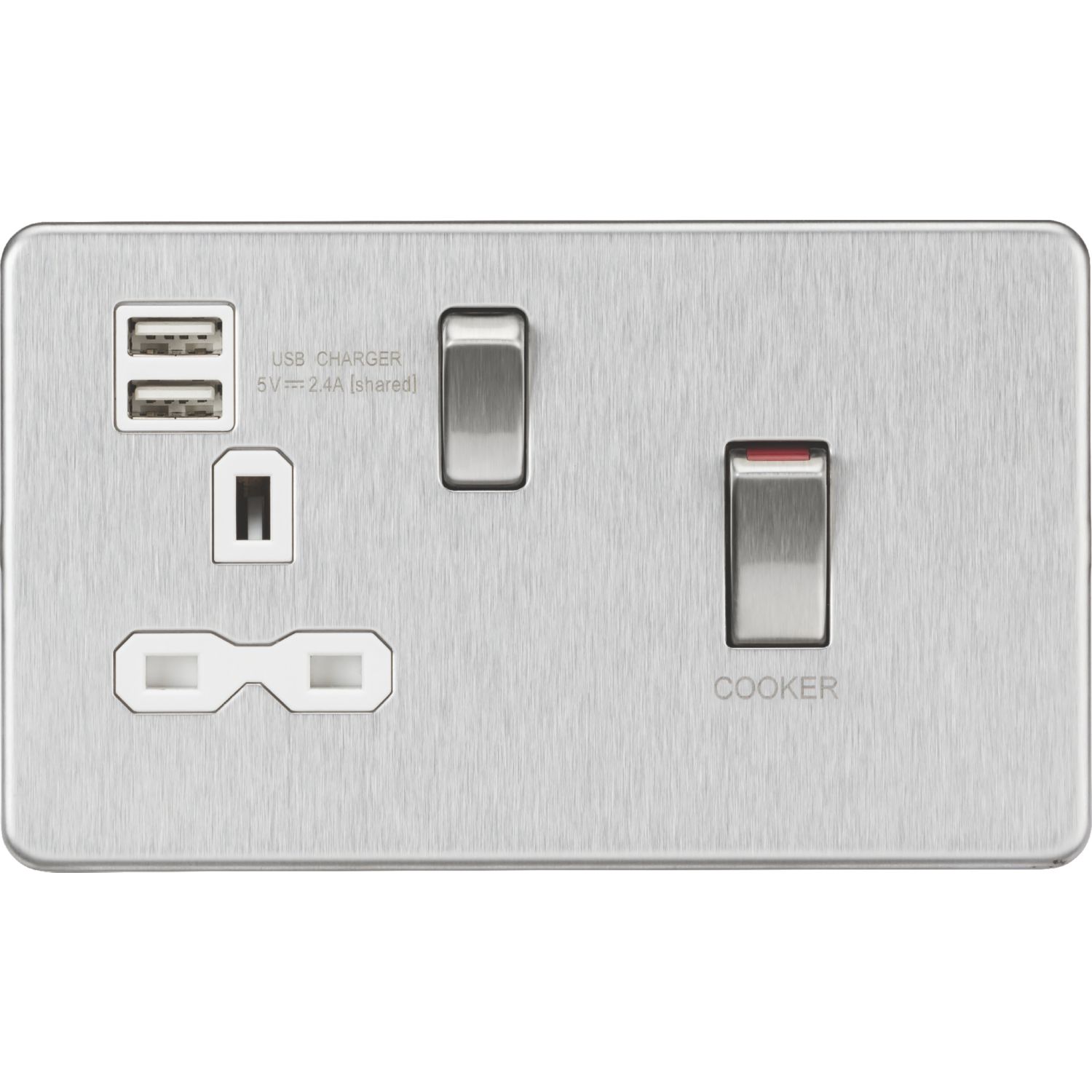 Knightsbridge 45A 1-Gang DP Cooker Switch & 13A DP Switched Socket + 2.4A 12W 2-Outlet Type A USB Charger Brushed Chrome with White Inserts (467VR)