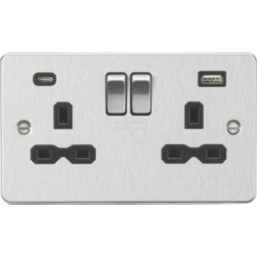 Knightsbridge  13A 2-Gang SP Switched Socket + 4.0A 20W 2-Outlet Type A & C USB Charger Brushed Chrome with Black Inserts