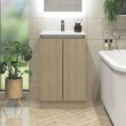 Newland  Double Door Floor Standing Vanity Unit with Basin Effect Natural Oak 500mm x 450mm x 840mm