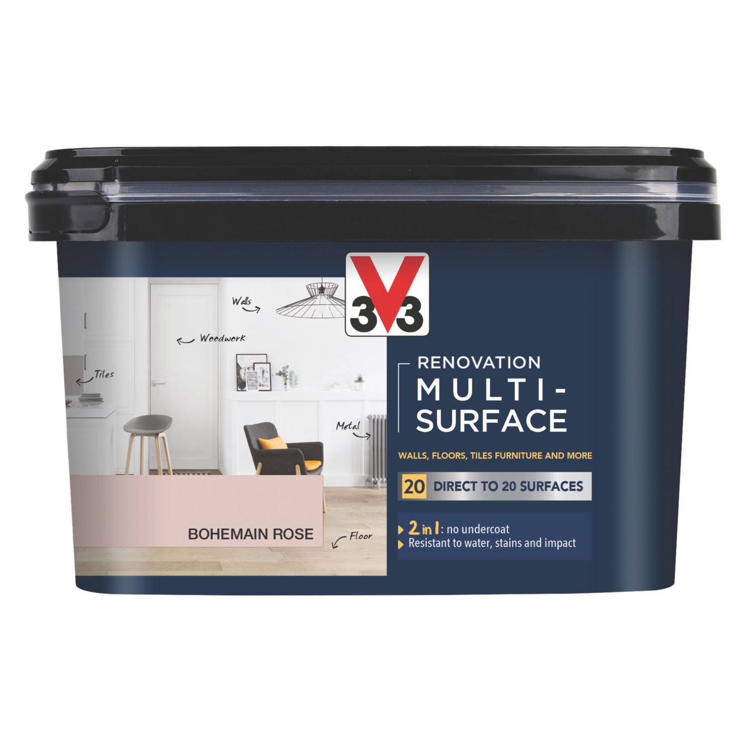 V33 2Ltr Bohemian Rose Satin Acrylic Multi Surface Paint (470FW)