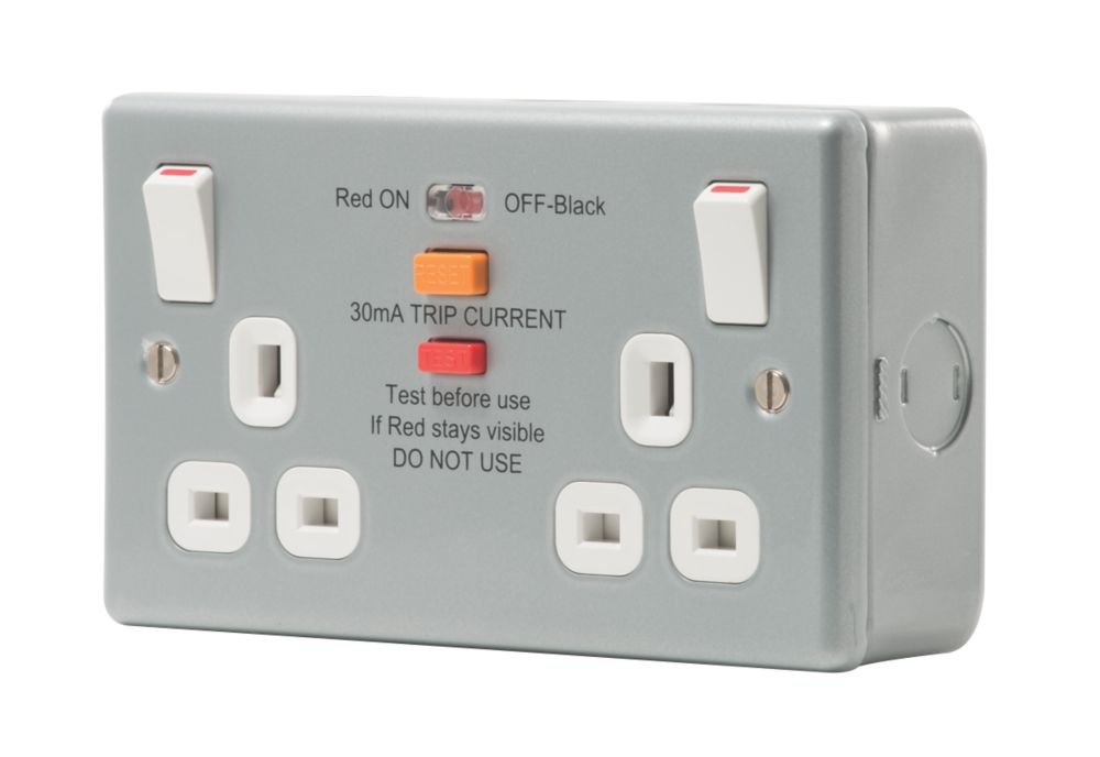 British General  13A 2-Gang SP Switched Metal Clad Passive RCD Socket with White Inserts