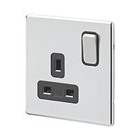 MK Aspect 13A 1-Gang DP Switched Plug Socket Polished Chrome  with Black Inserts
