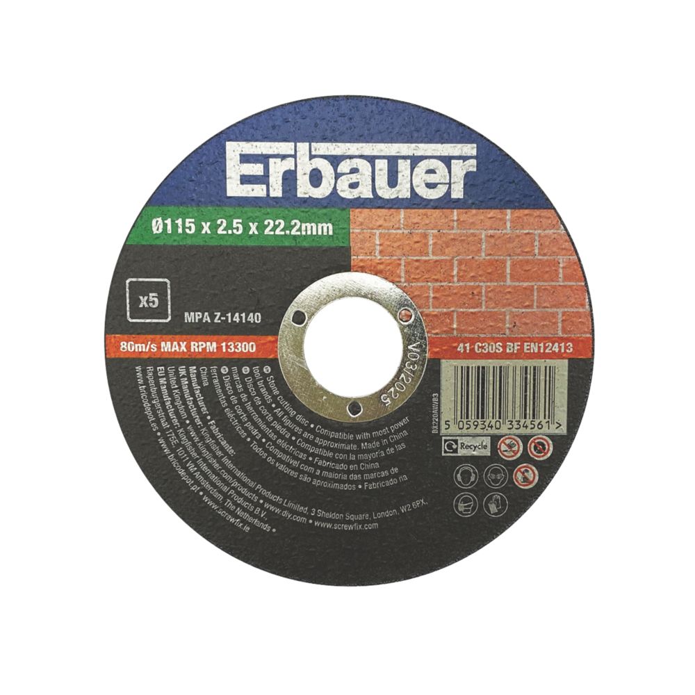 Erbauer Stone Cutting Discs 4 1/2" (115mm) x 2.5mm x 22.2mm 5 Pack Screwfix
