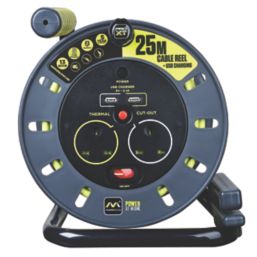 PRO XT 13A 2-Gang 25m  Cable Reel + 2.1A 2-Outlet Type A USB Charger 240V