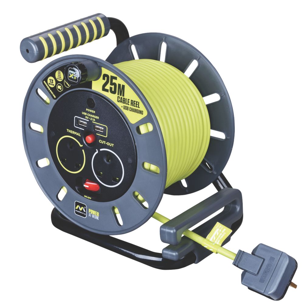 PRO XT 13A 2-Gang 25m Cable Reel + 2.1A 2-Outlet Type A USB Charger ...
