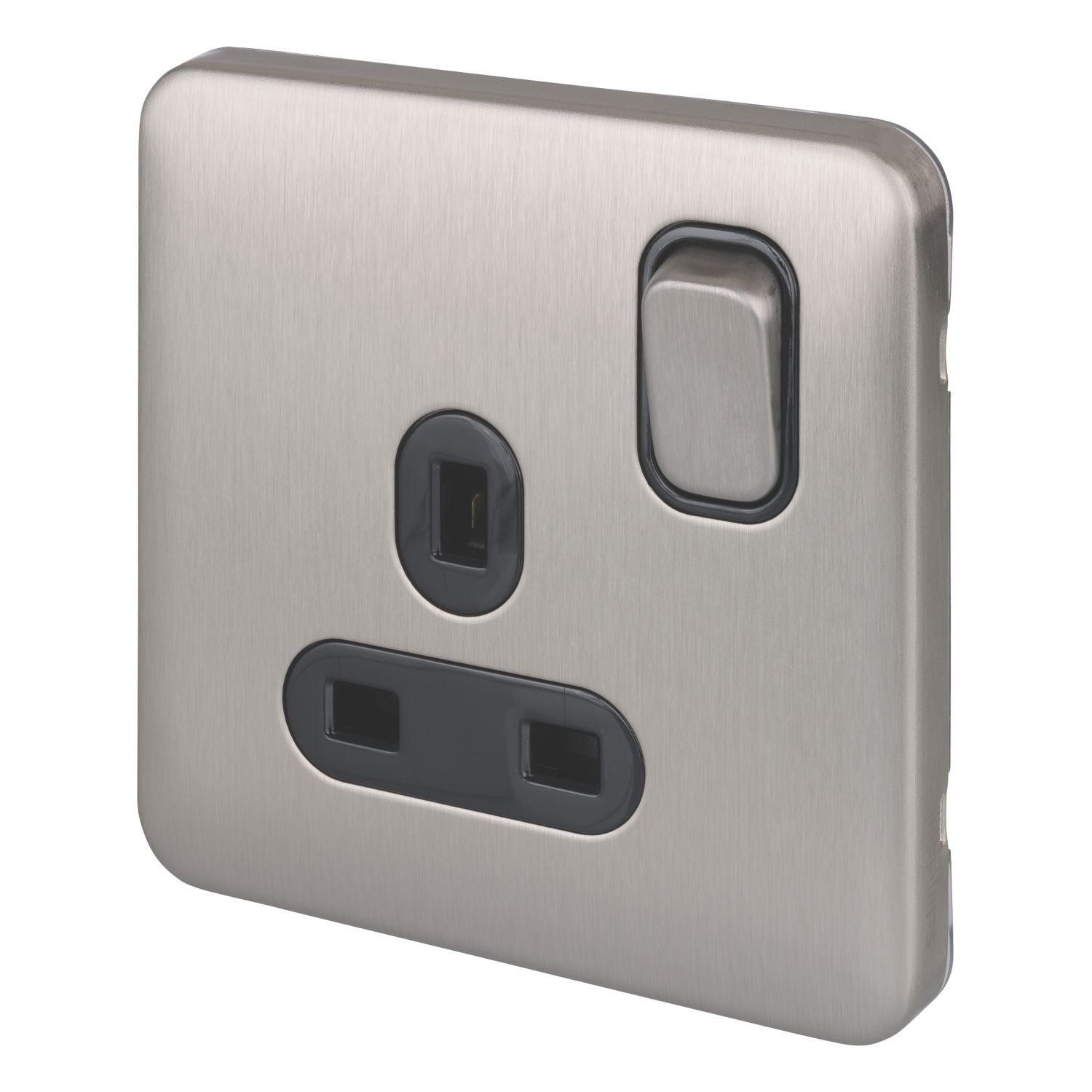 Schneider Electric Lisse Deco 13A 1-Gang SP Switched Plug Socket Brushed Stainless Steel with Black Inserts (472CC)