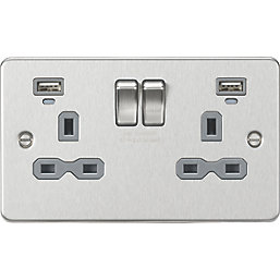 Knightsbridge  13A 2-Gang SP Switched Socket + 2.4A 12W 2-Outlet Type A USB Charger Brushed Chrome with Colour-Matched Inserts