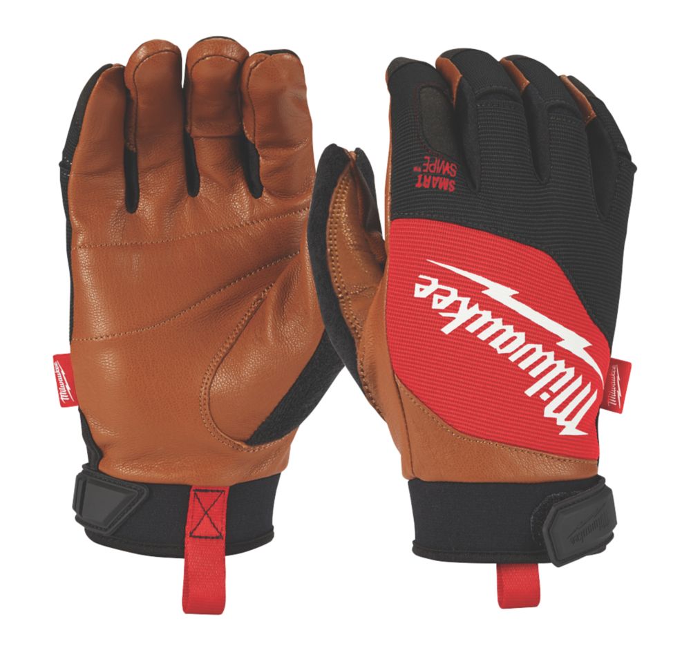 Milwaukee Hybrid Leather Gloves Black Brown Medium Screwfix
