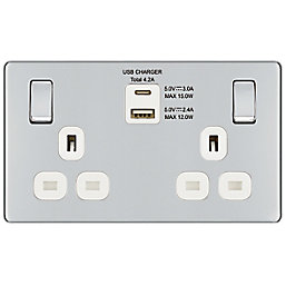 LAP  13A 2-Gang DP Switched Socket + 4.2A 2-Outlet Type A & C USB Charger Polished Chrome with White Inserts
