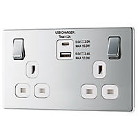 LAP  13A 2-Gang DP Switched Socket + 4.2A 2-Outlet Type A & C USB Charger Polished Chrome with White Inserts
