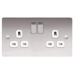 LAP  13A 2-Gang DP Switched Plug Socket Brushed Stainless Steel  with White Inserts