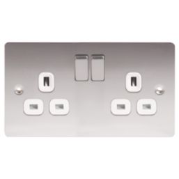 LAP  13A 2-Gang DP Switched Plug Socket Brushed Stainless Steel  with White Inserts