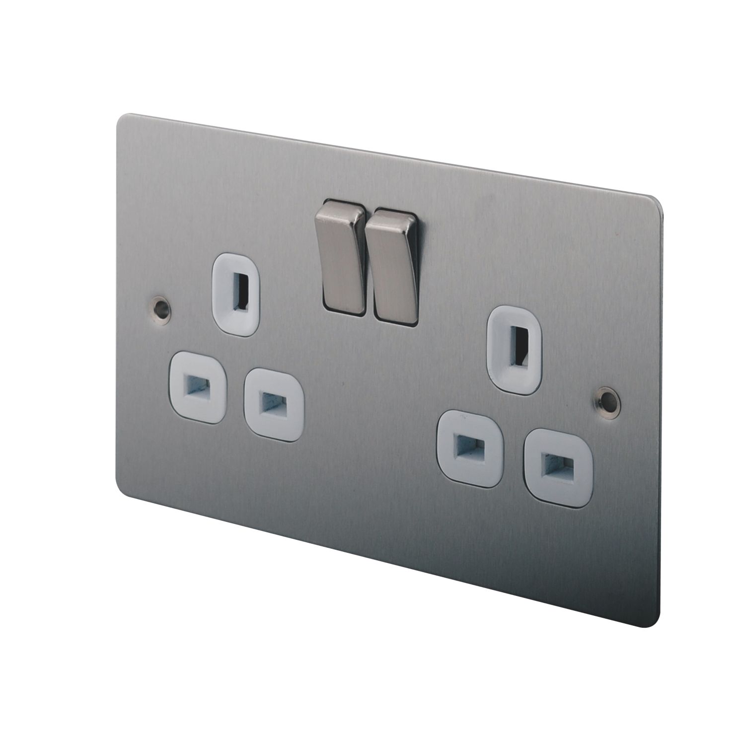 LAP 13A 2-Gang DP Switched Plug Socket Brushed Stainless Steel with White Inserts (47502)
