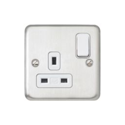 MK Contoura 13A 1-Gang DP Switched Plug Socket Brushed Stainless Steel  with White Inserts