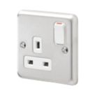 MK Contoura 13A 1-Gang DP Switched Plug Socket Brushed Stainless Steel  with White Inserts