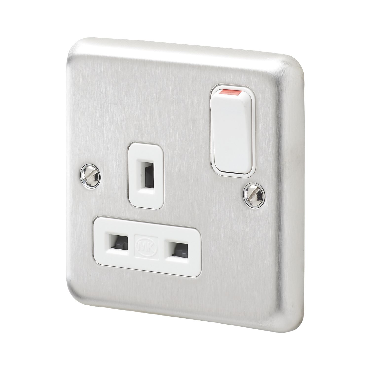 MK Contoura 13A 1-Gang DP Switched Plug Socket Brushed Stainless Steel with White Inserts (475RG)