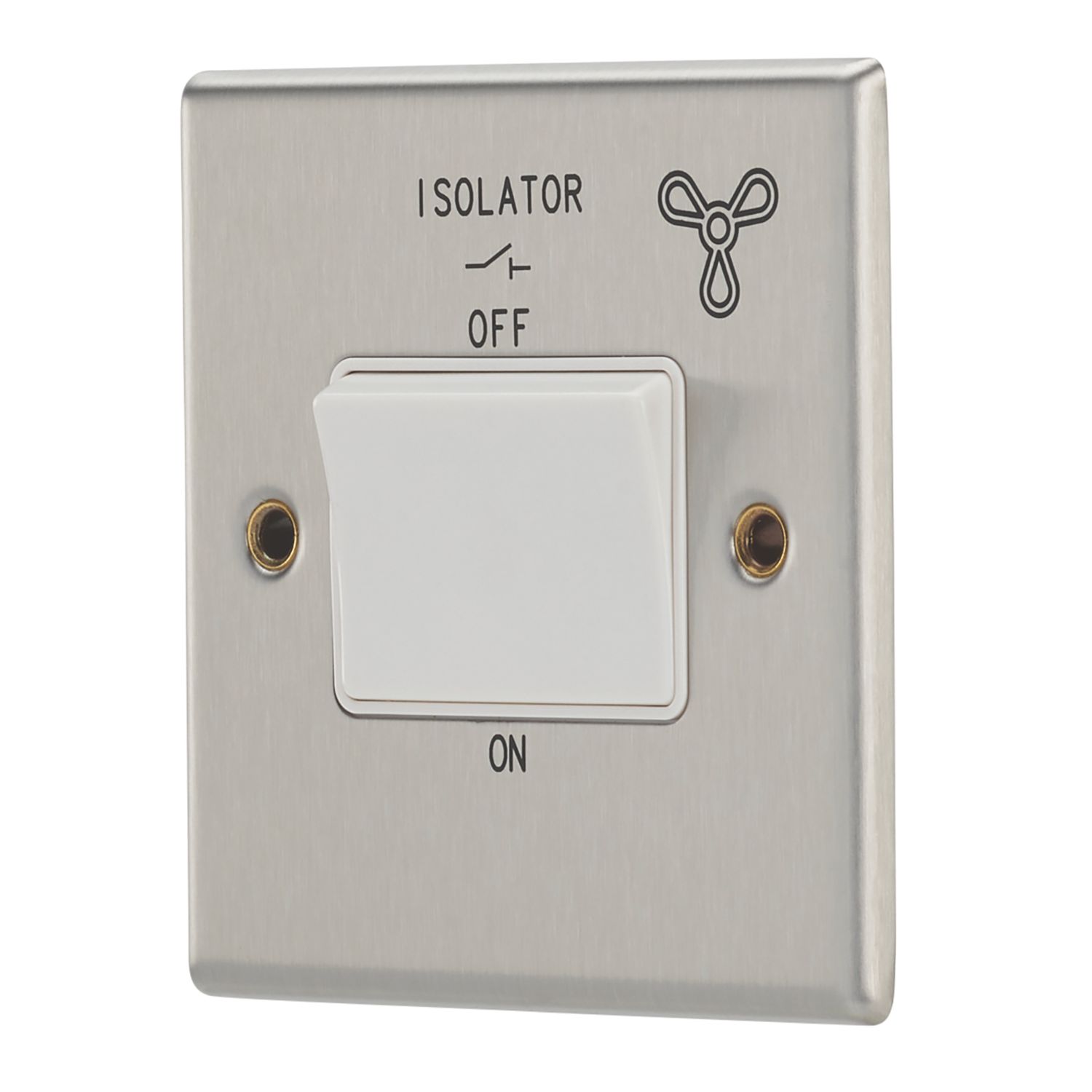 Contactum iConic 10AX 1-Gang 3-Pole Fan Isolator Switch Brushed Steel with White Inserts (475RP)
