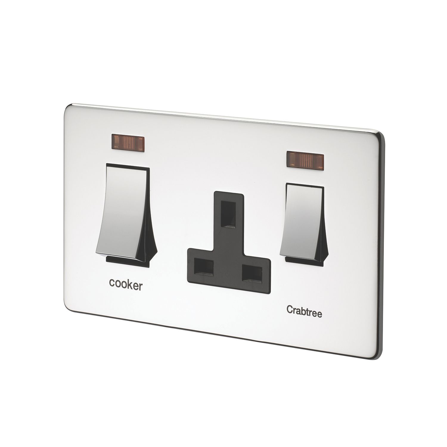 Crabtree Platinum 45A 2-Gang DP Cooker Switch & 13A DP Switched Socket Polished Chrome with Neon with Black Inserts (47613)