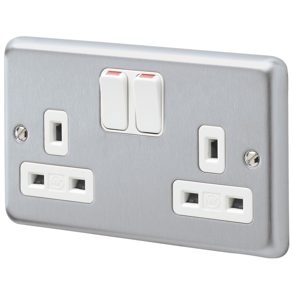 MK Albany Plus 13A 2Gang DP Switched Plug Socket Brushed Chrome with