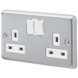 MK Albany Plus 13A 2-Gang DP Switched Plug Socket Brushed Chrome  with White Inserts