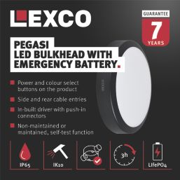 Lexco Pegasi Indoor Maintained or Non-Maintained Emergency Round LED Bulkhead Black 19W 1200-1900lm