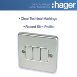 Hager Sollysta WRPS32BSW 10AX 1-Gang 1-Way Light Switch  Brushed Steel with White Inserts