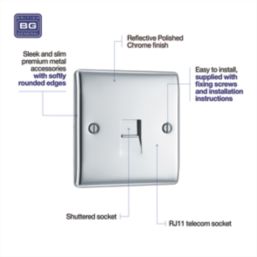 British General Nexus Metal 1-Gang RJ11 Telephone / Data Socket Polished Chrome