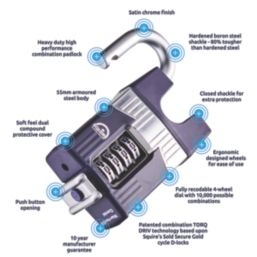 Squire Warrior Weatherproof Closed Shackle Combination  Heavy Duty Padlock Blue/Chrome 55mm