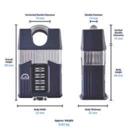 Squire Warrior Weatherproof Closed Shackle Combination  Heavy Duty Padlock Blue/Chrome 55mm