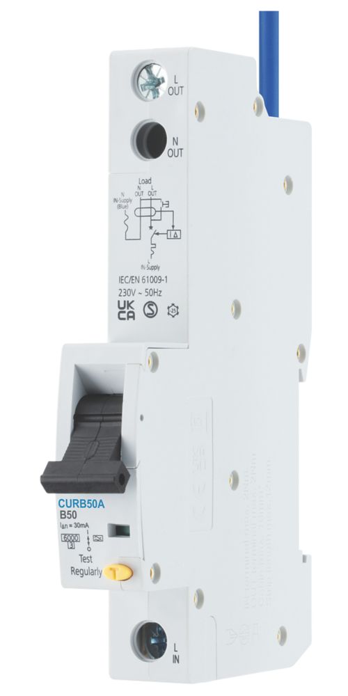 British General Fortress 50A 30mA Type A 1+N B Curve Tall RCBO - Screwfix