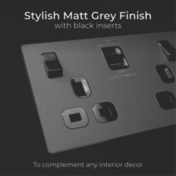 British General Evolve 13A 2-Gang SP Switched Socket + 3A 45W 2-Outlet Type A & C USB Charger Grey with Black Inserts