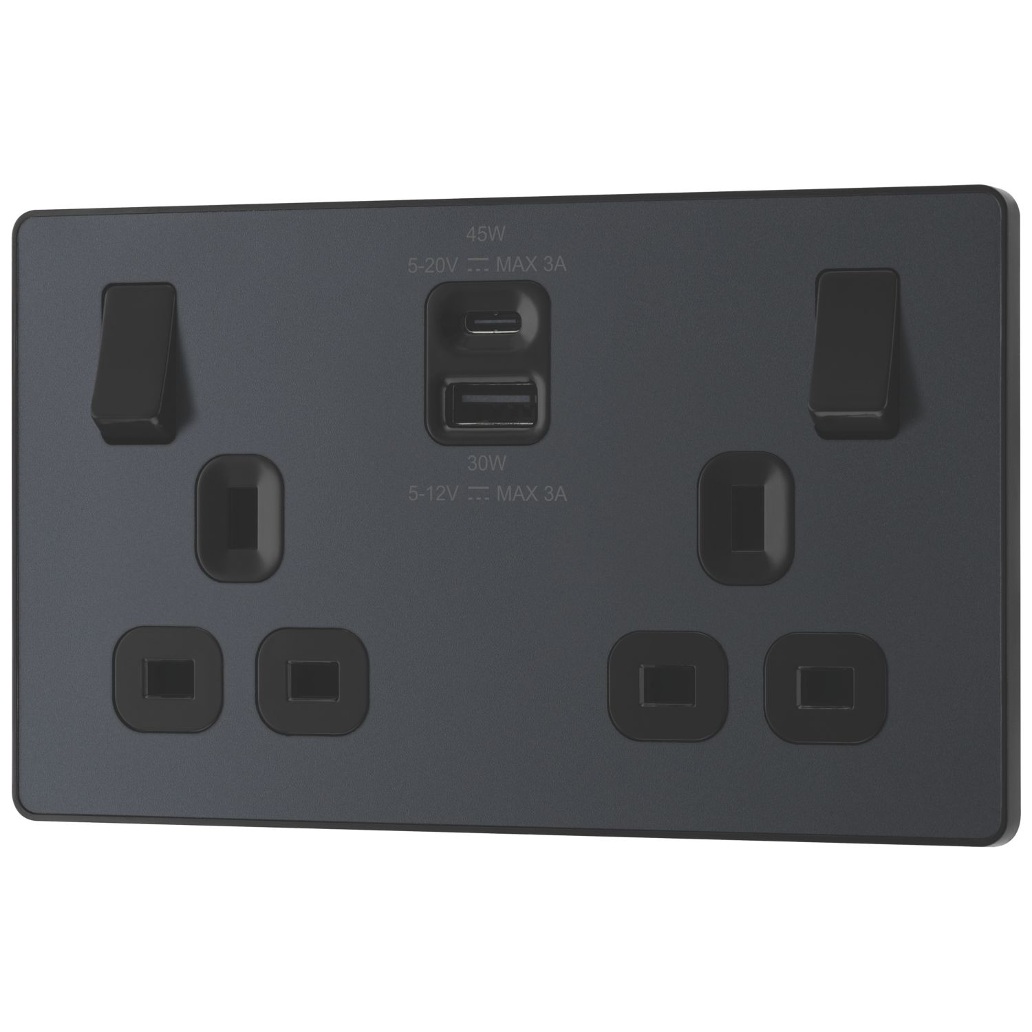 British General Evolve 13A 2-Gang SP Switched Socket + 3A 45W 2-Outlet Type A & C USB Charger Grey with Black Inserts (482YV)