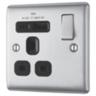 British General Nexus Metal 13A 1-Gang SP Switched Socket + 3A 18W 2-Outlet Type A & C USB Charger Brushed Steel with Black Inserts