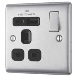 British General Nexus Metal 13A 1-Gang SP Switched Socket + 3A 18W 2-Outlet Type A & C USB Charger Brushed Steel with Black Inserts