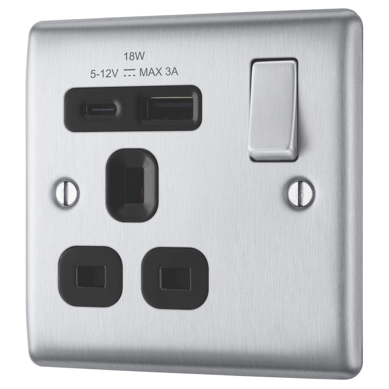 British General Nexus Metal 13A 1-Gang SP Switched Socket + 3A 18W 2-Outlet Type A & C USB Charger Brushed Steel with Black Inserts (483CH)