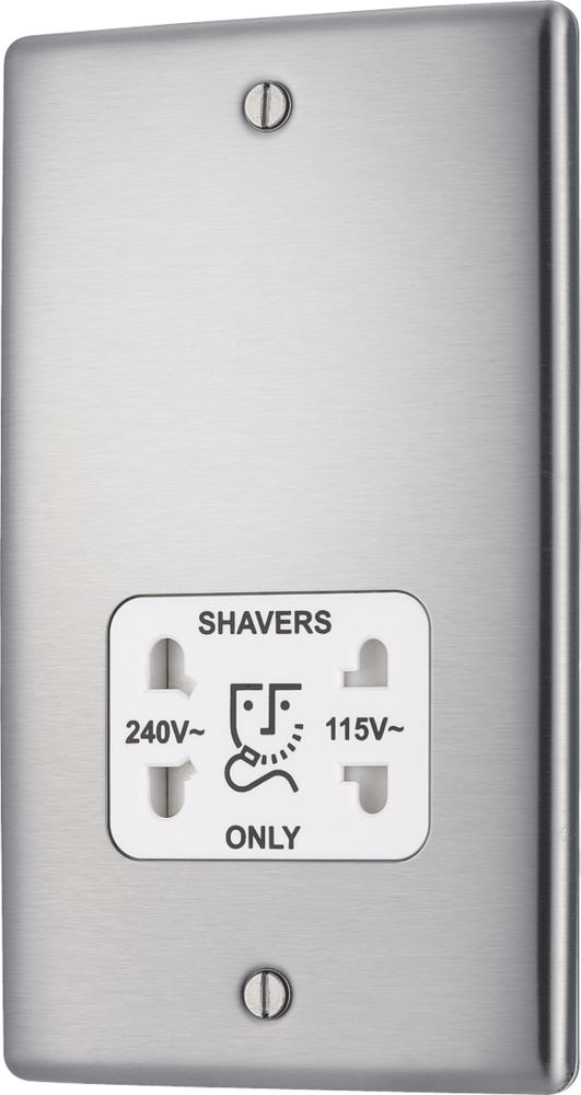 British General Nexus Metal 1-Gang Dual Voltage Shaver Socket 115/240V Brushed Steel with White Inserts