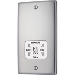 British General Nexus Metal 1-Gang Dual Voltage Shaver Socket 115/240V Brushed Steel with White Inserts