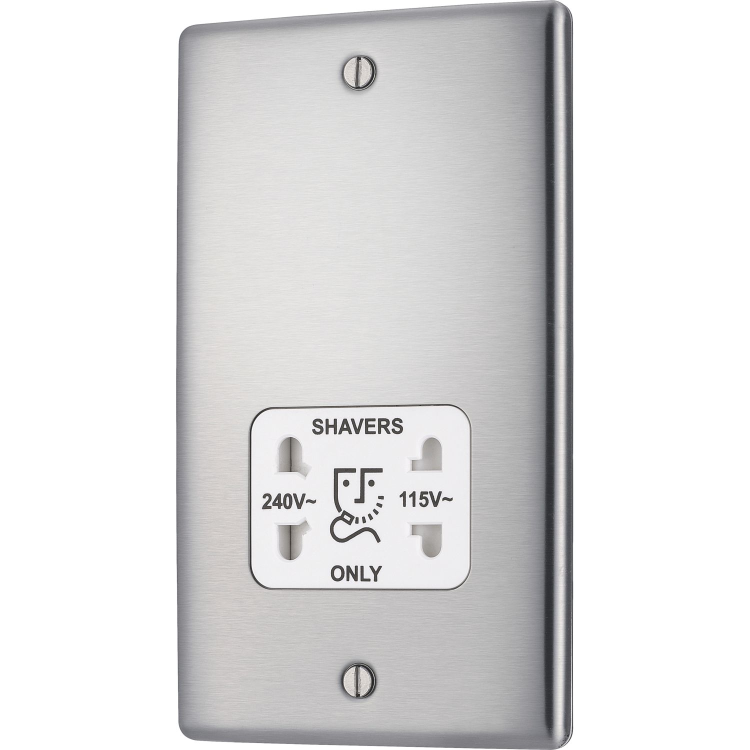British General Nexus Metal 1-Gang Dual Voltage Shaver Socket 115/240V Brushed Steel with White Inserts (483XF)