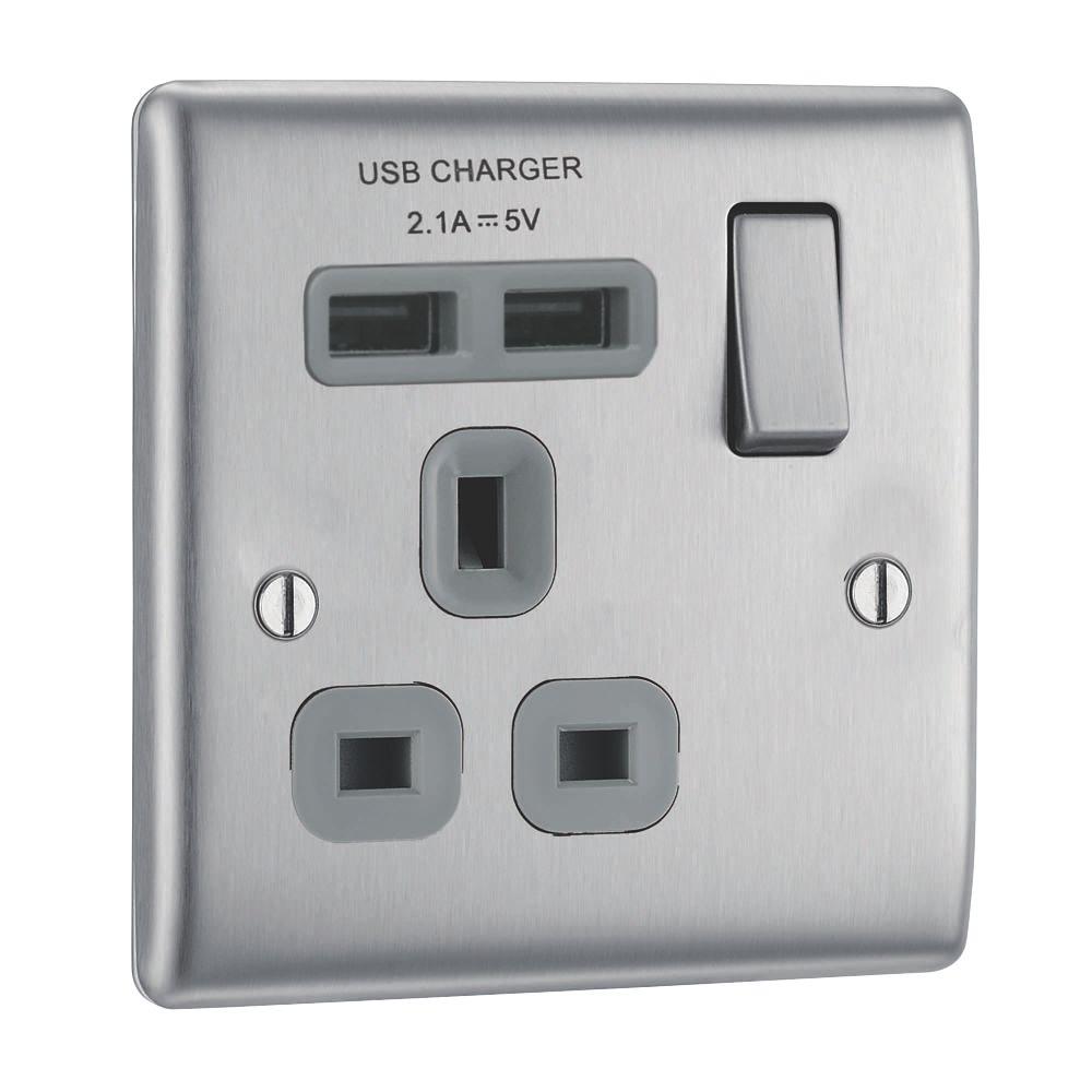 British General Nexus Metal 13A 1-Gang SP Switched Socket + 2.1A 10.5W 2-Outlet Type A USB Charger Brushed Steel with Graphite Inserts