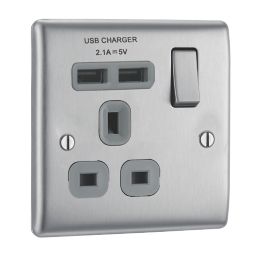 British General Nexus Metal 13A 1-Gang SP Switched Socket + 2.1A 2-Outlet Type A USB Charger Brushed Steel with Graphite Inserts